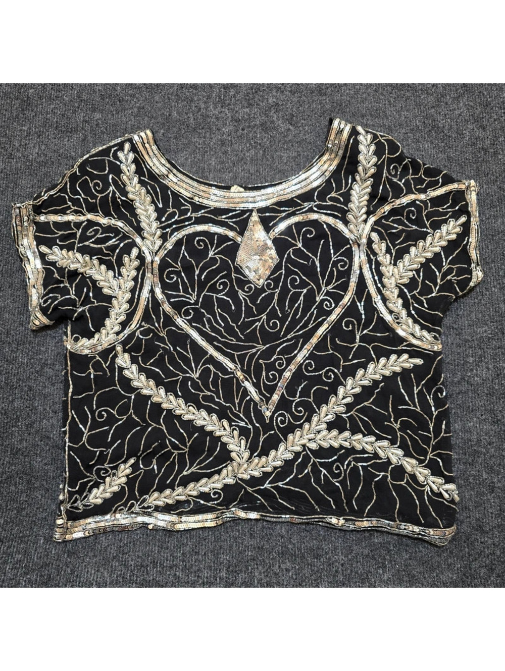 Vintage Oleg Cassini Silk Beaded Blouse Black Silver Sequin Heart Top Whimsigoth